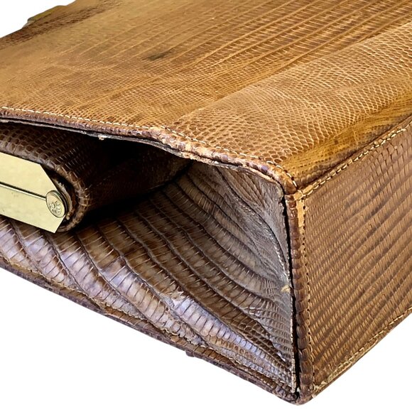 Snakeskin Print Faux Leather Vintage 70's Handbag Hinged Structured - Picture 9 of 12